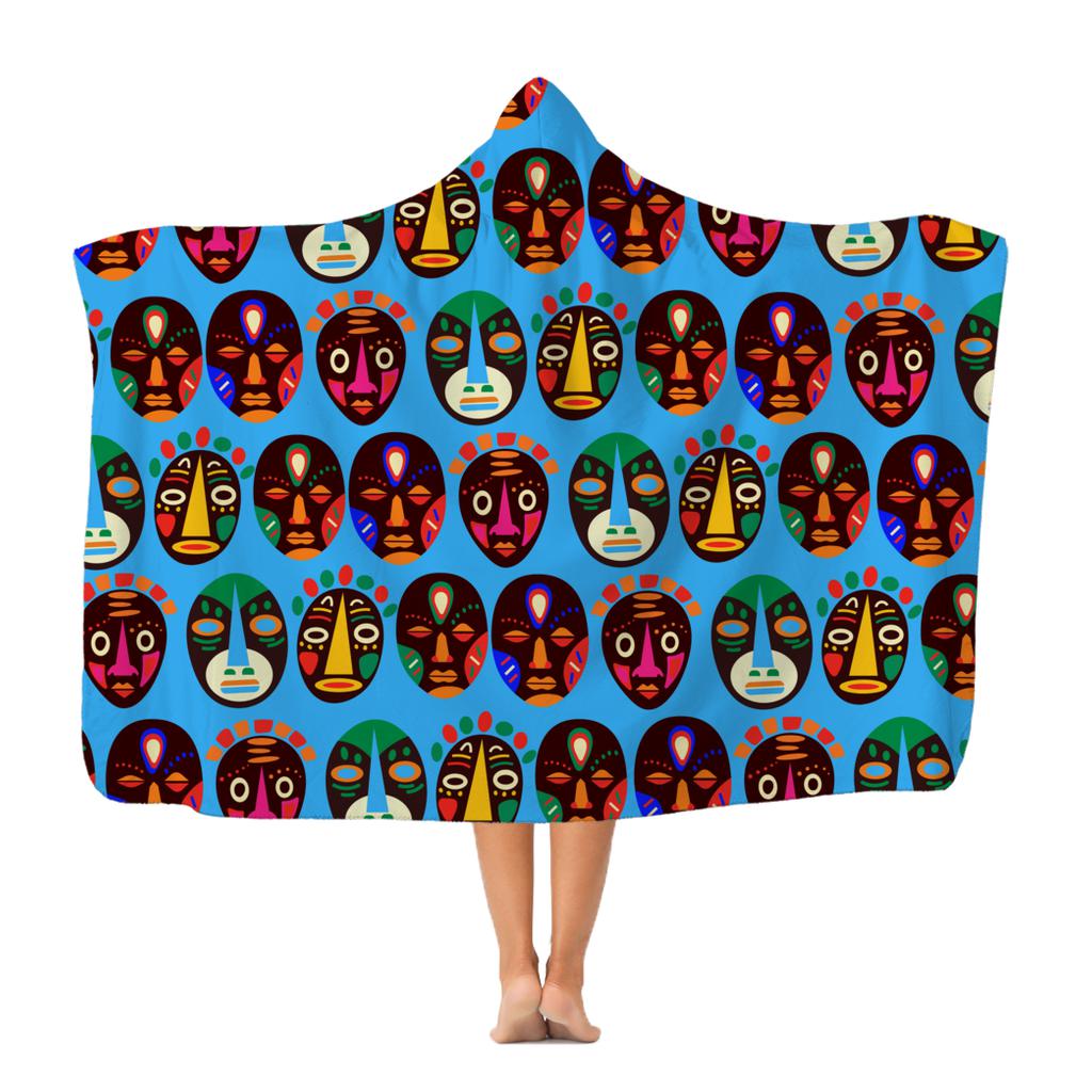 African Tribal Faces Blue Hooded Blanket.