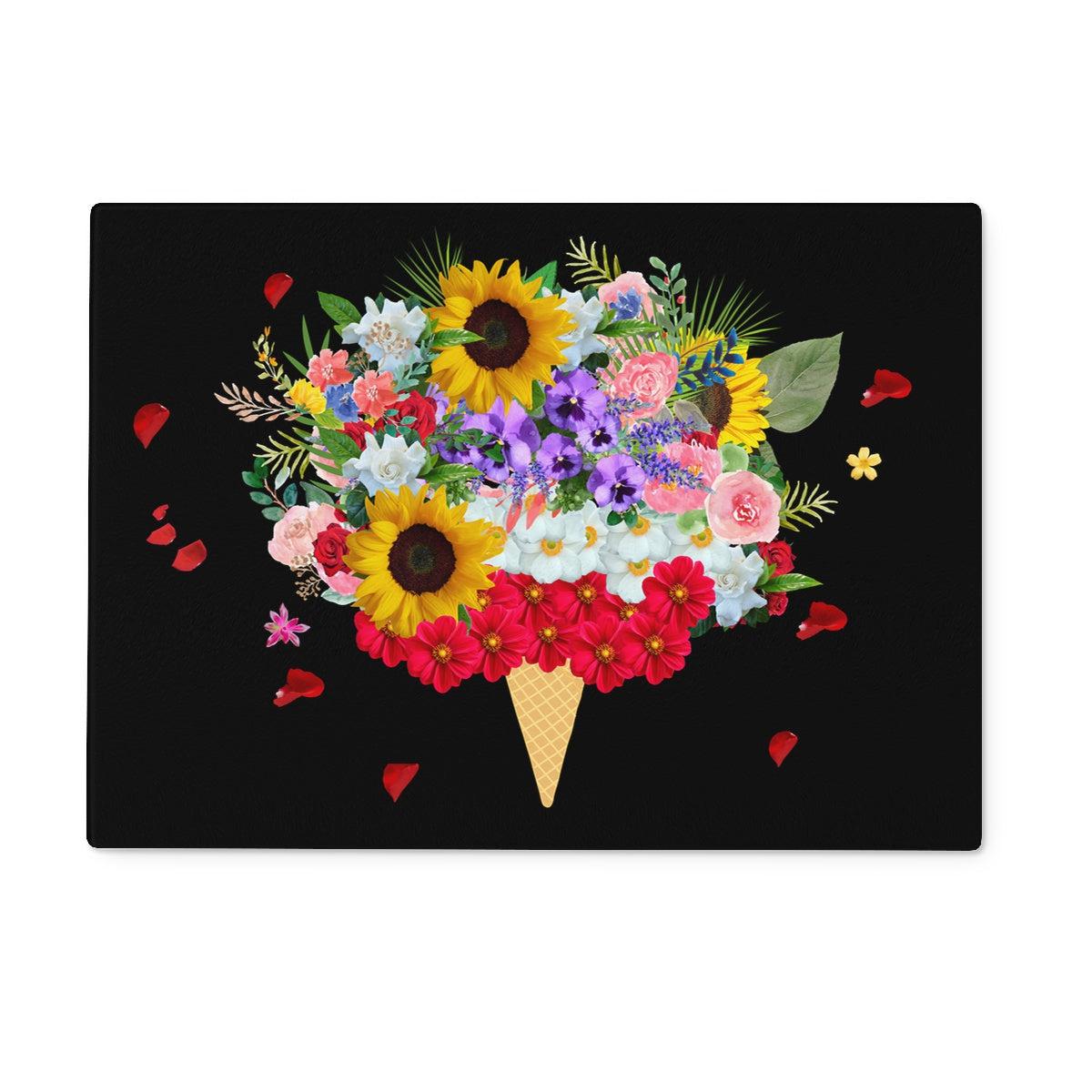 Black Ice Cream Flowers Glass Chopping Board