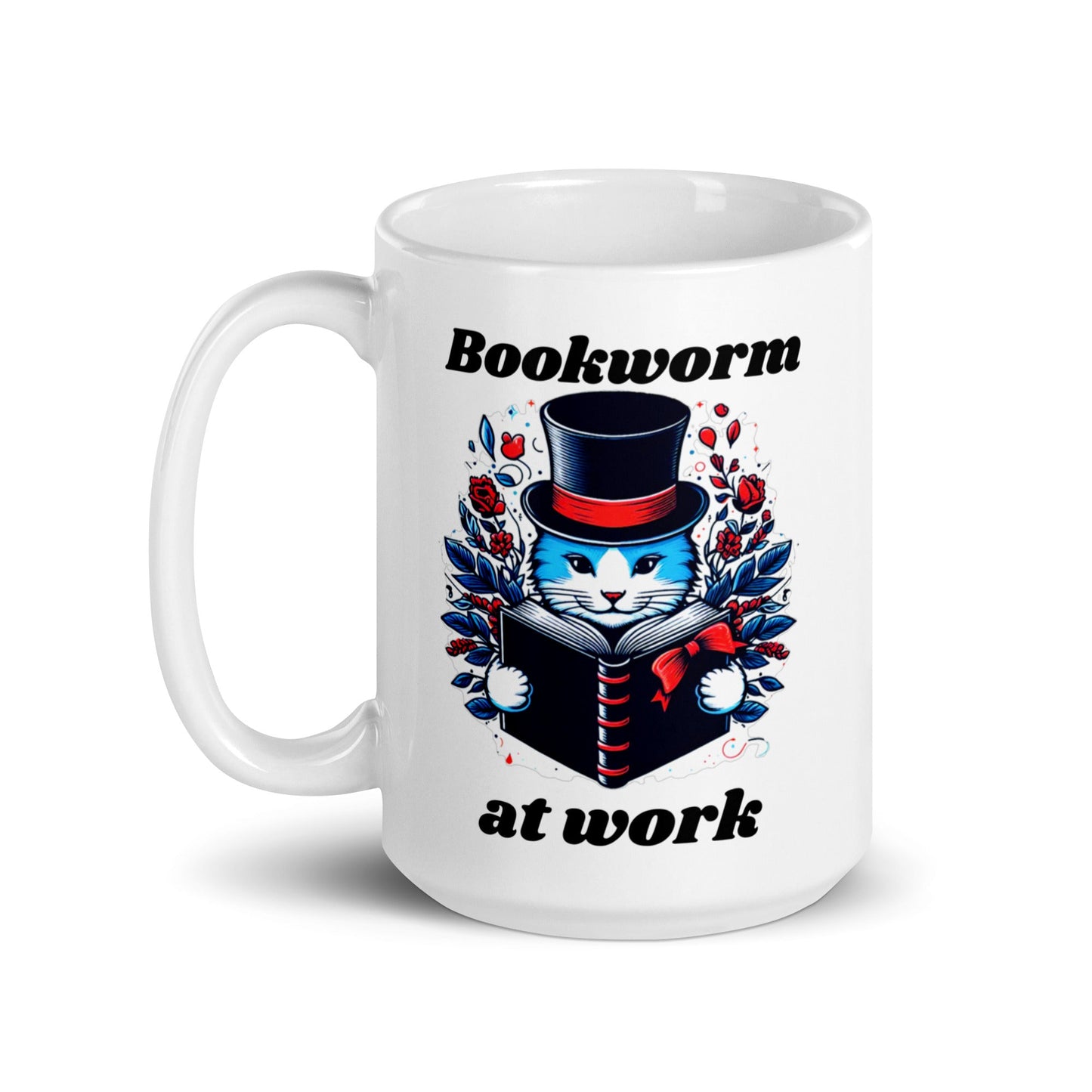 Bookworm at Work Cat White Glossy Mug