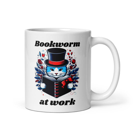 Bookworm at Work Cat White Glossy Mug