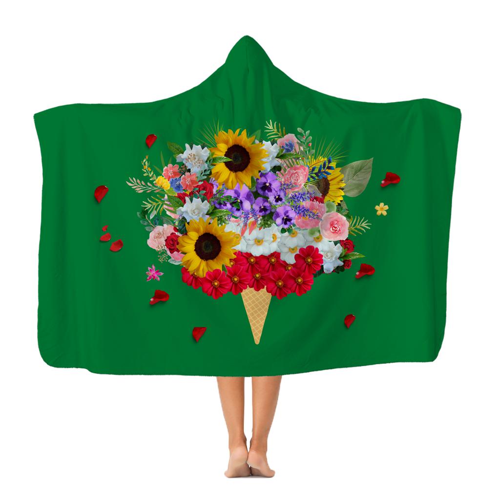 Green Ice Cream Flowers Hooded Blanket.