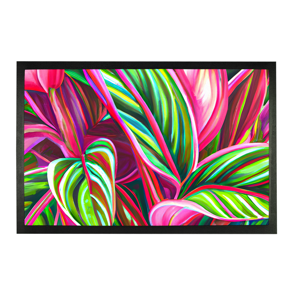 Green Pink Tropical Big Leaves Door Mat.