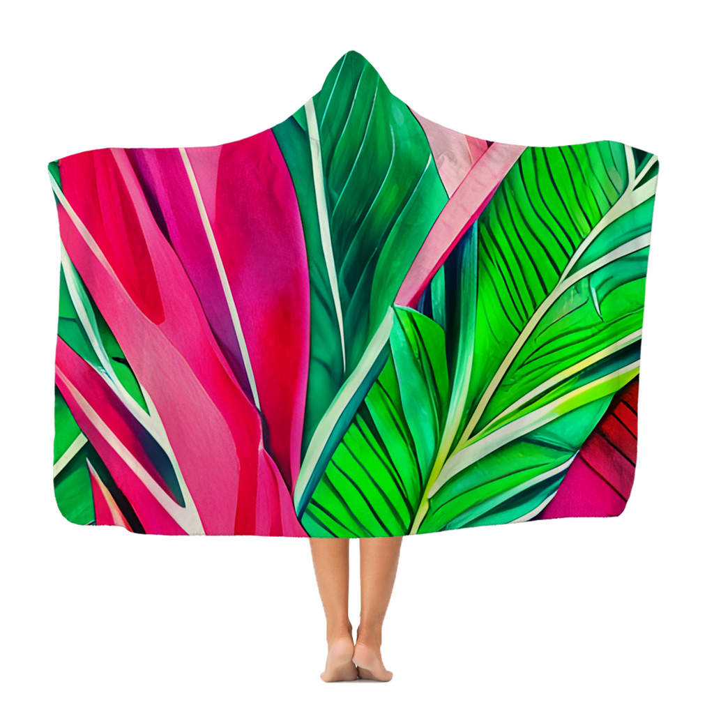 Green Tropical Leaves Hooded Blanket.