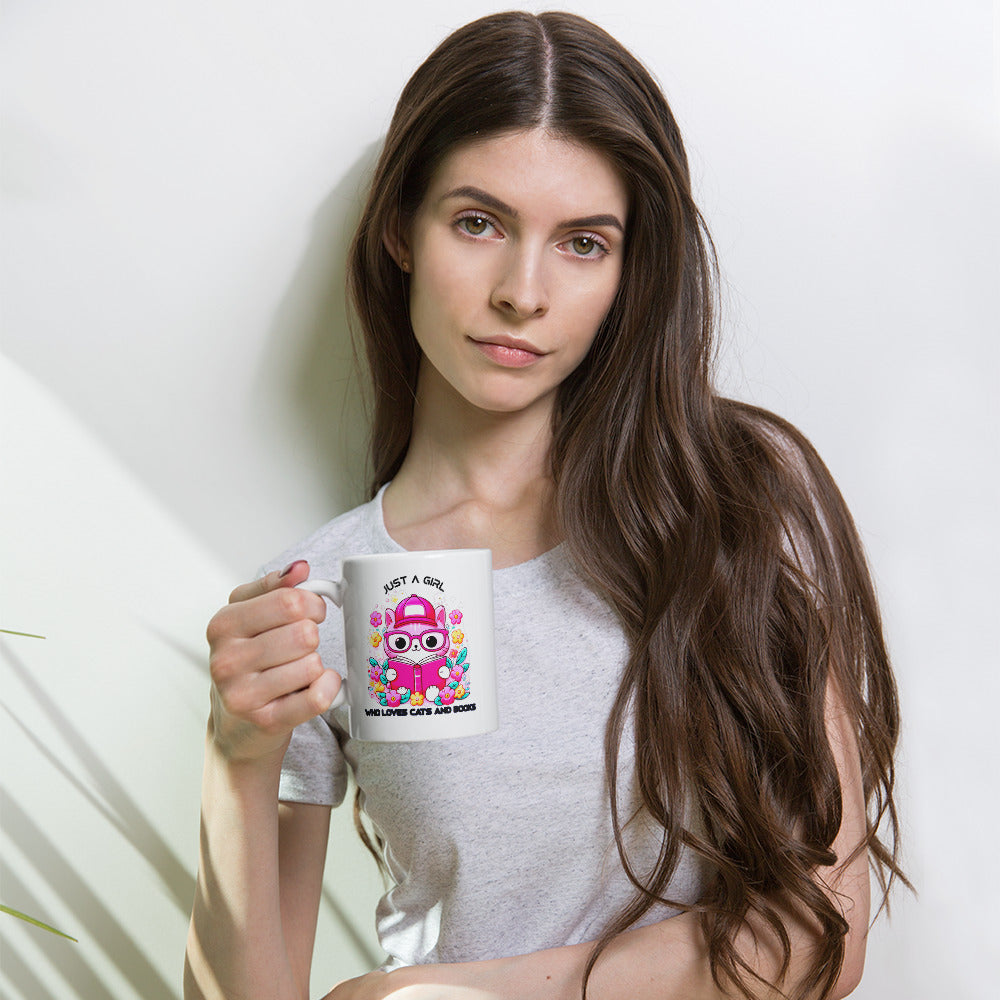 Just a Girl Who Loves Cats and Books White Glossy Mug