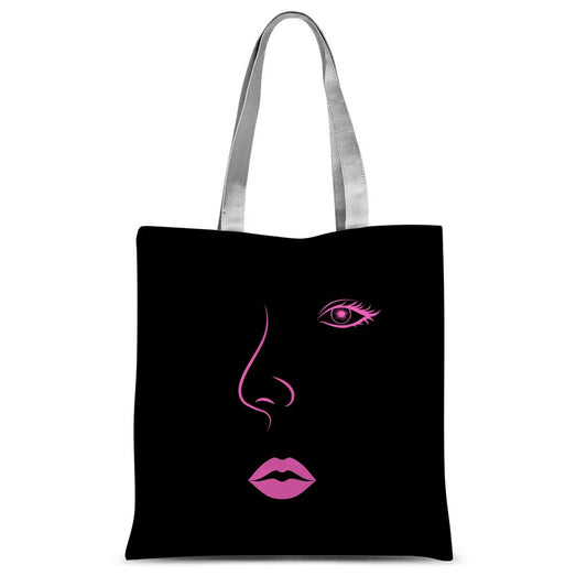 Purple Lips Line Art Black Tote Bag.