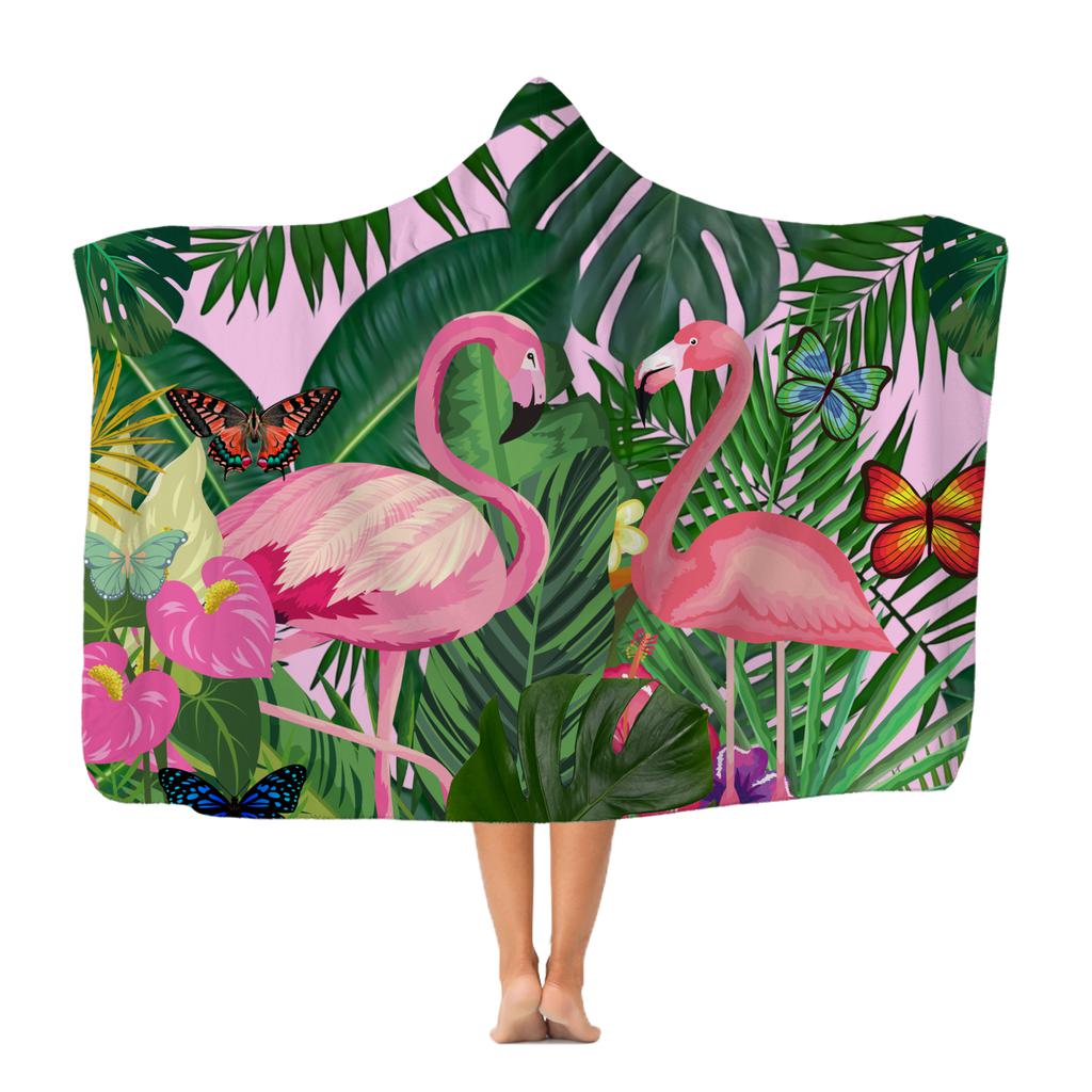 Two Pink Flamingos Hooded Blanket.