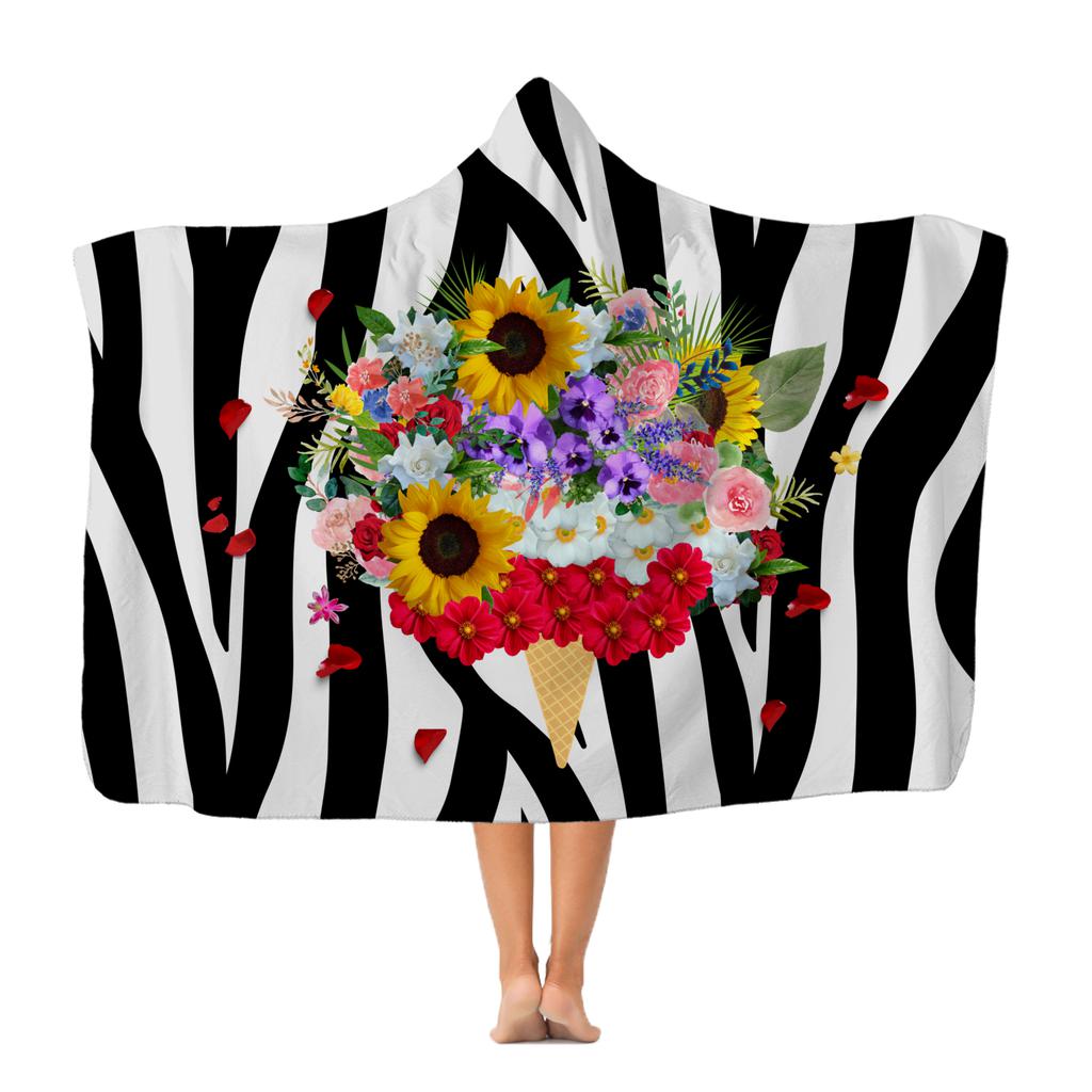 Zebra Ice Cream Flowers Hooded Blanket.