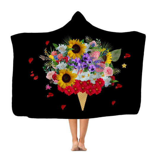 Black Ice Cream Flowers Hooded Blanket