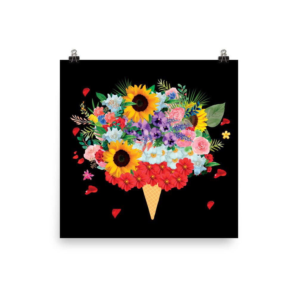 Black Ice Cream Flowers Photo Poster Print.