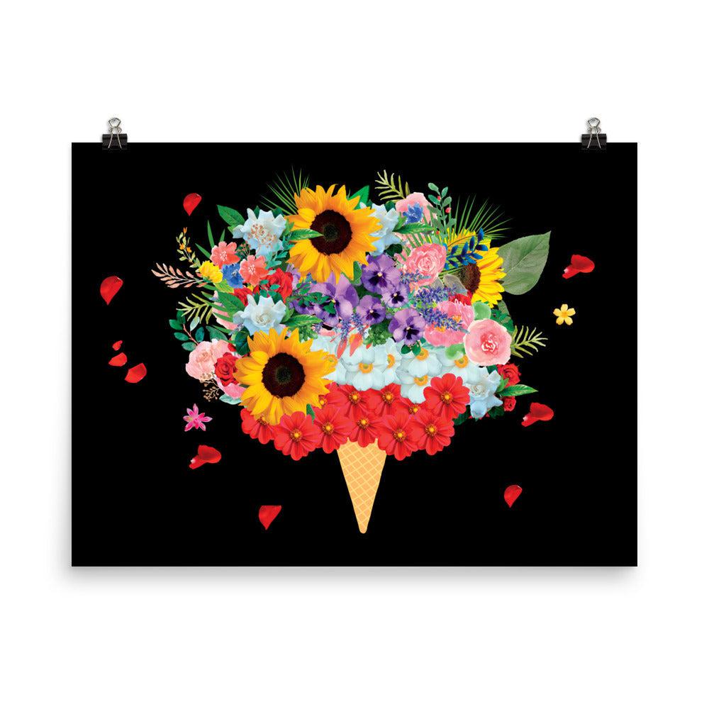 Black Ice Cream Flowers Photo Poster Print.