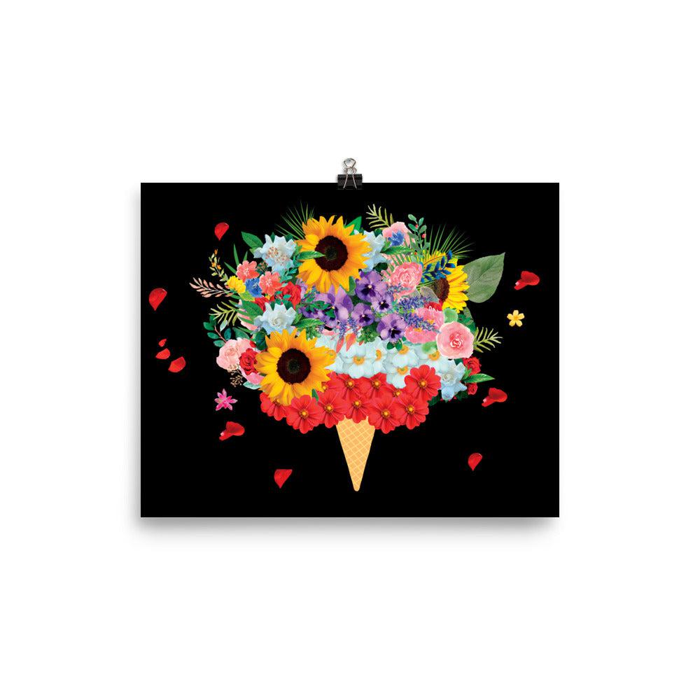 Black Ice Cream Flowers Photo Poster Print.