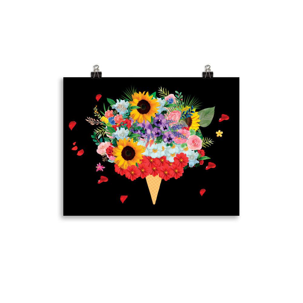 Black Ice Cream Flowers Photo Poster Print.