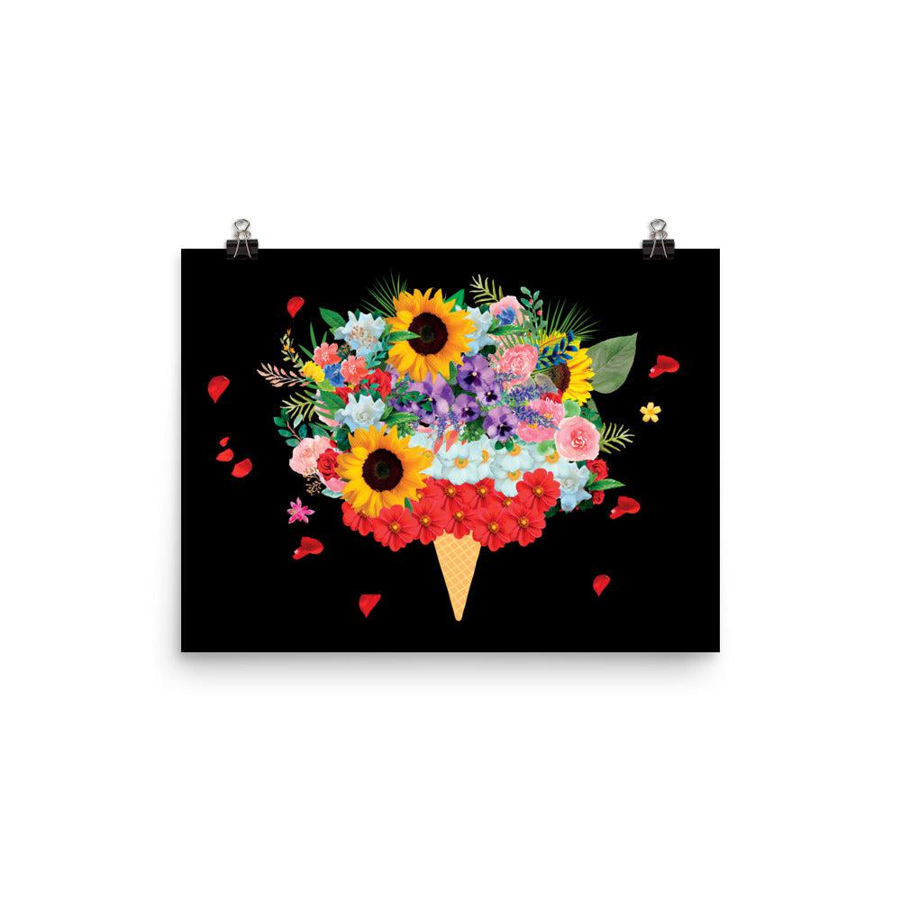 Black Ice Cream Flowers Photo Poster Print.