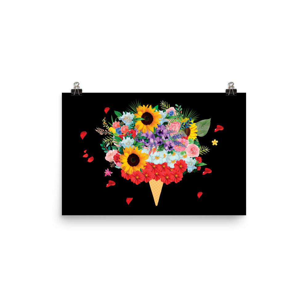 Black Ice Cream Flowers Photo Poster Print.