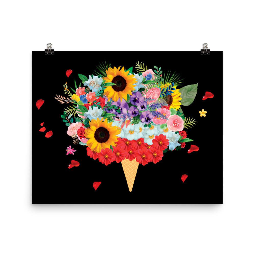 Black Ice Cream Flowers Photo Poster Print.