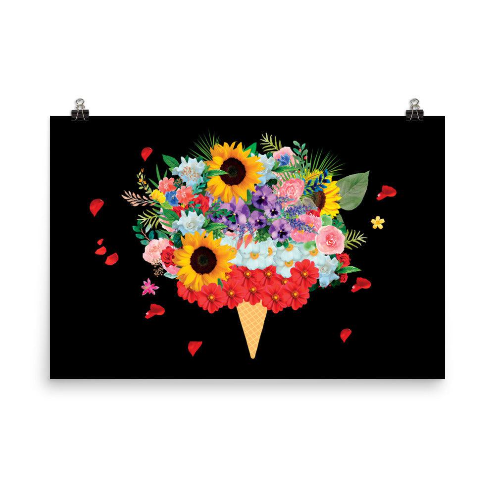 Black Ice Cream Flowers Photo Poster Print.