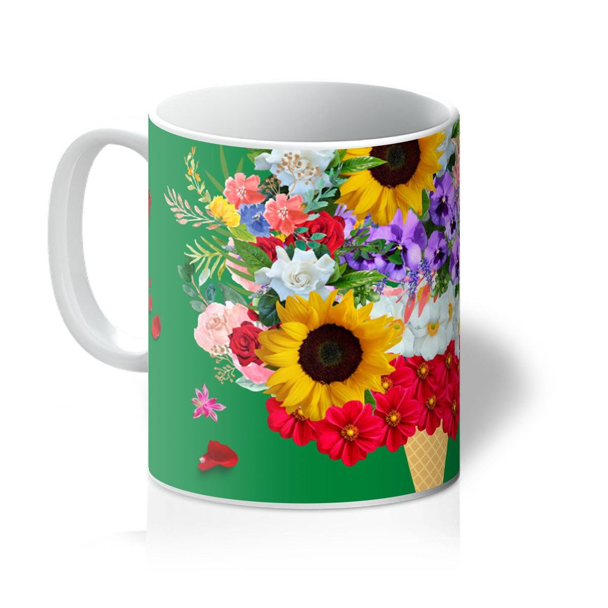 Green Floral Ice Cream Cone Flowers Mug