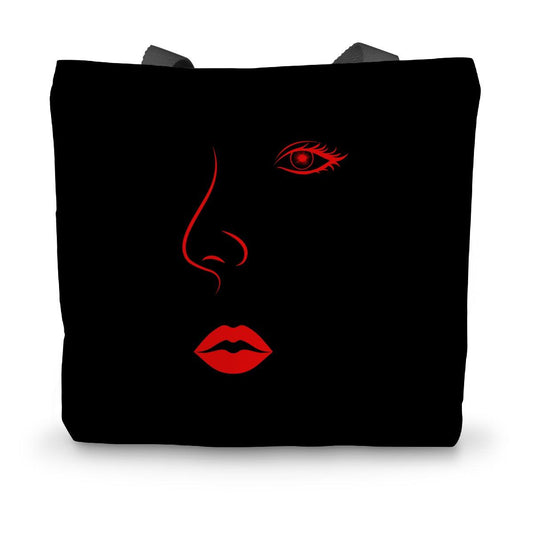Red Lips Black Canvas Tote Bag