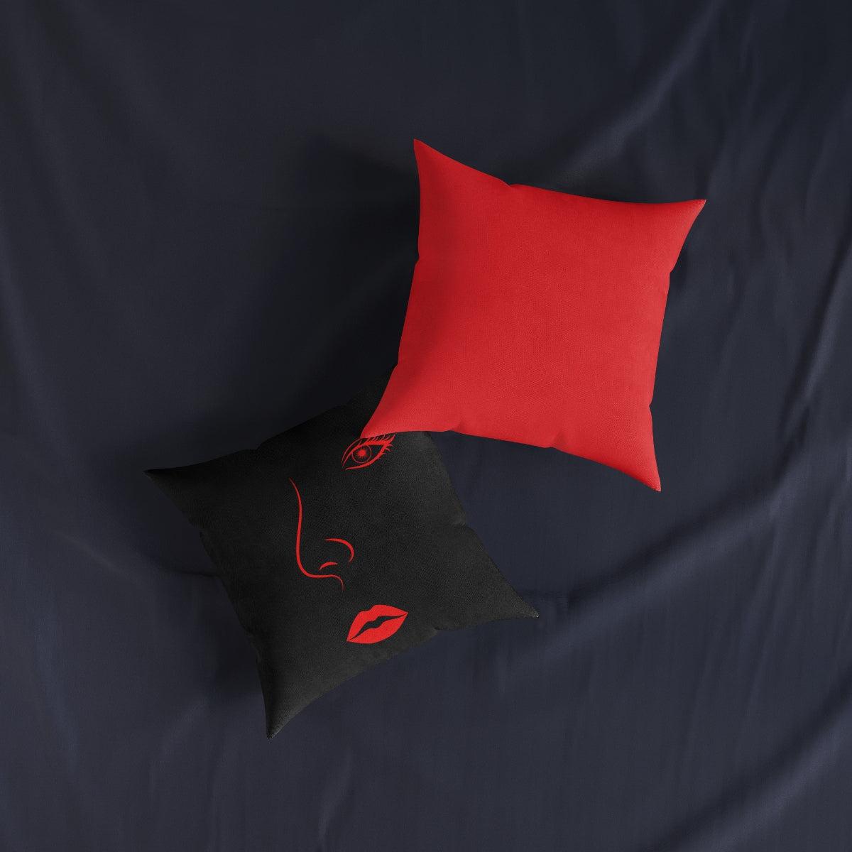 Red Lips Line Art Black Cushion with Insert.