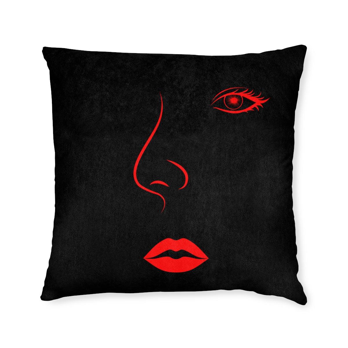Red Lips Line Art Black Cushion with Insert.