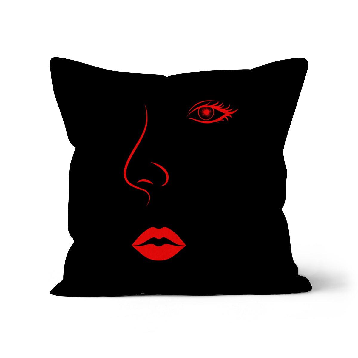 Red Lips Line Art Black Cushion