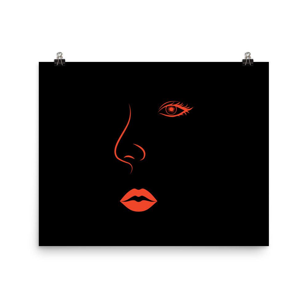 Red Lips Line Art Black Matte Poster Print.
