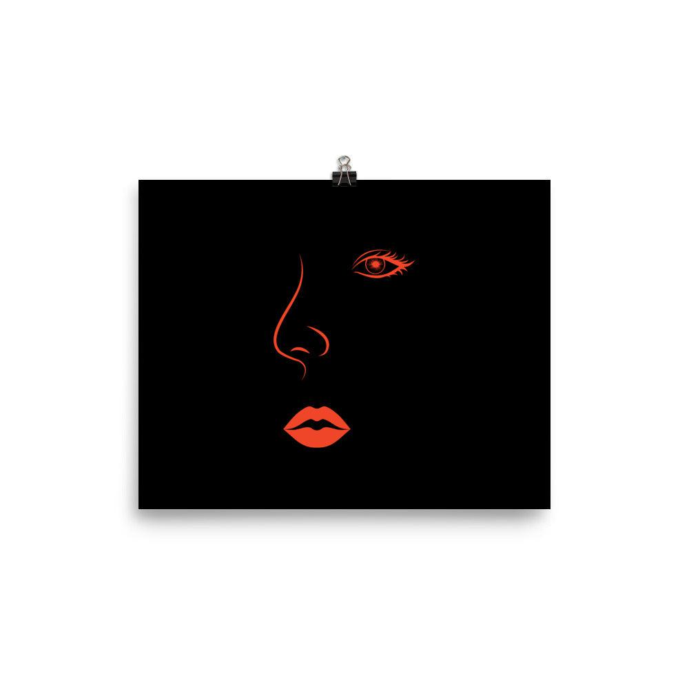 Red Lips Line Art Black Matte Poster Print.