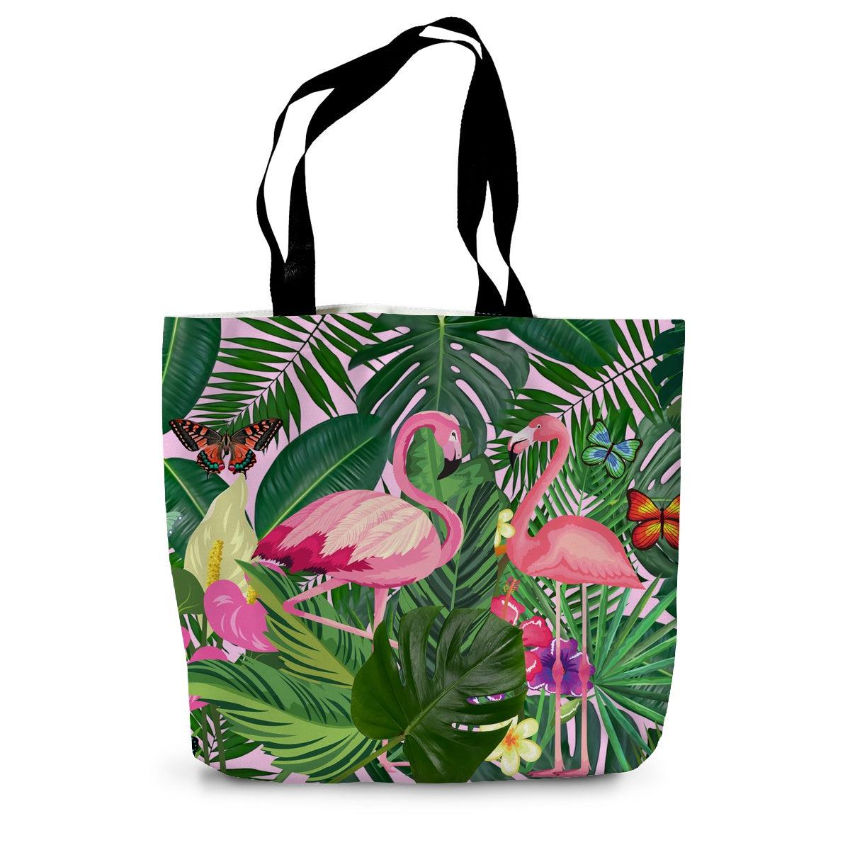 Botanical Leaves Pink Flamingo Canvas Tote Bag