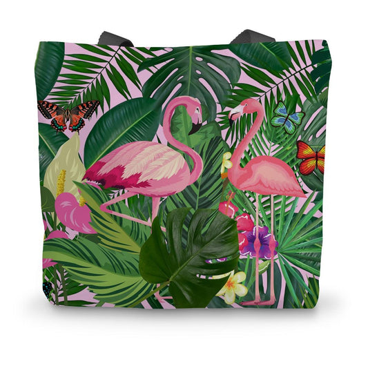 Botanical Leaves Pink Flamingo Canvas Tote Bag