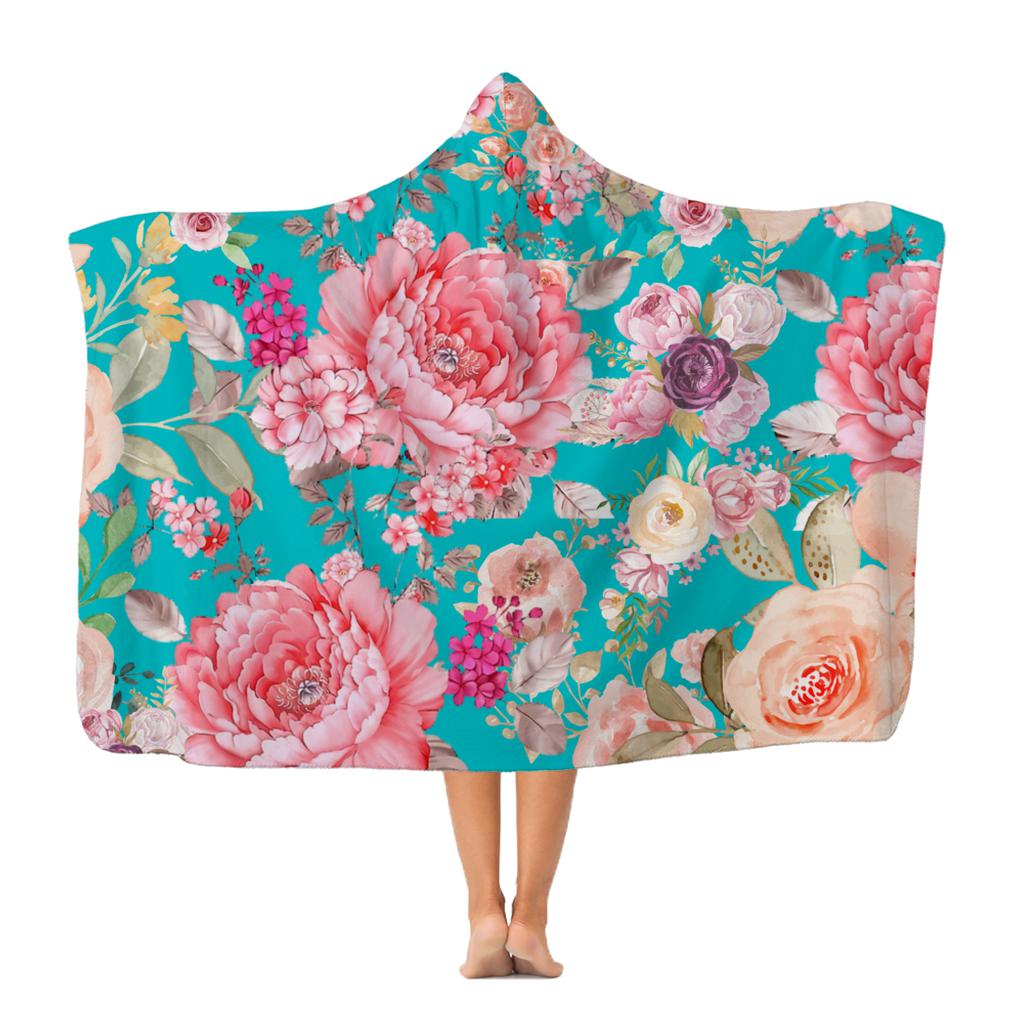 Turquoise Floral Hooded Blanket